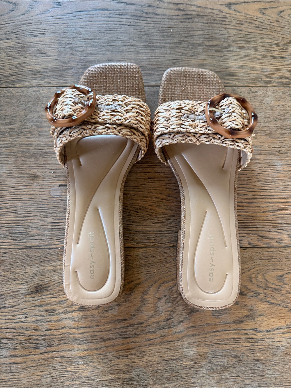 Easy Spirit Woven Tan Slide Sandals with Tortoiseshell Buckle